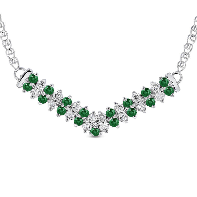 Alternating Emerald and 0.33 CT. T.W. Natural Diamond Double Row Chevron Necklace in 14K White Gold - 17.25