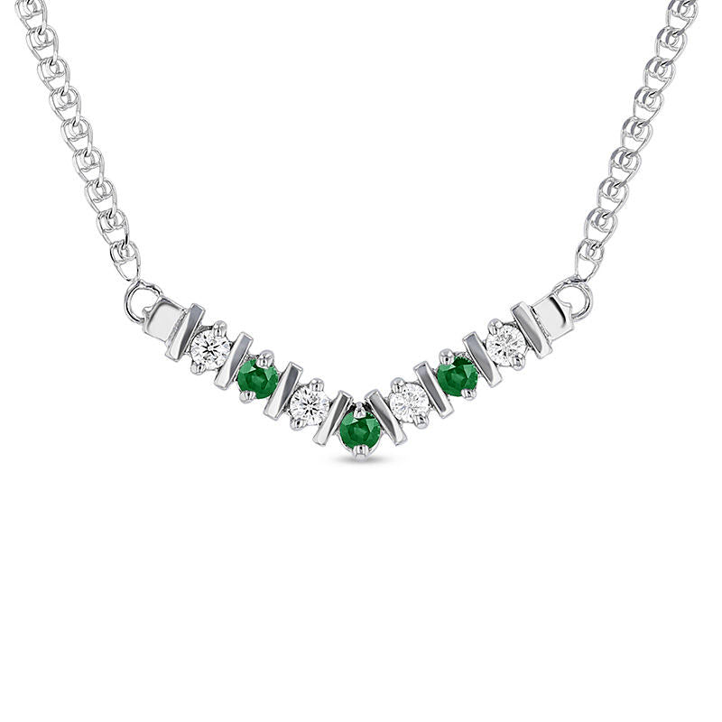 Emerald and 0.13 CT. T.W. Natural Diamond V" Necklace in 14K White Gold - 17""