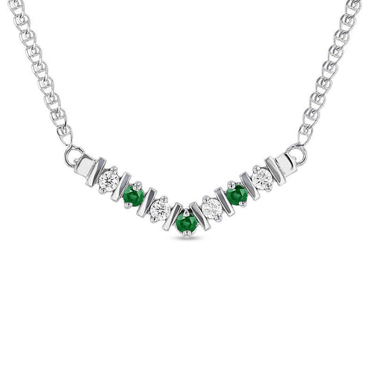 Emerald and 0.13 CT. T.W. Natural Diamond V" Necklace in 14K White Gold - 17""