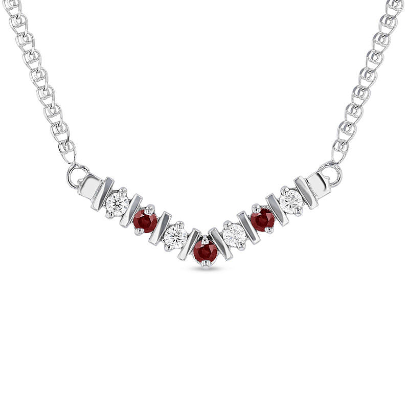 Ruby and 0.13 CT. T.W. Natural Diamond V" Necklace in 14K White Gold - 17""