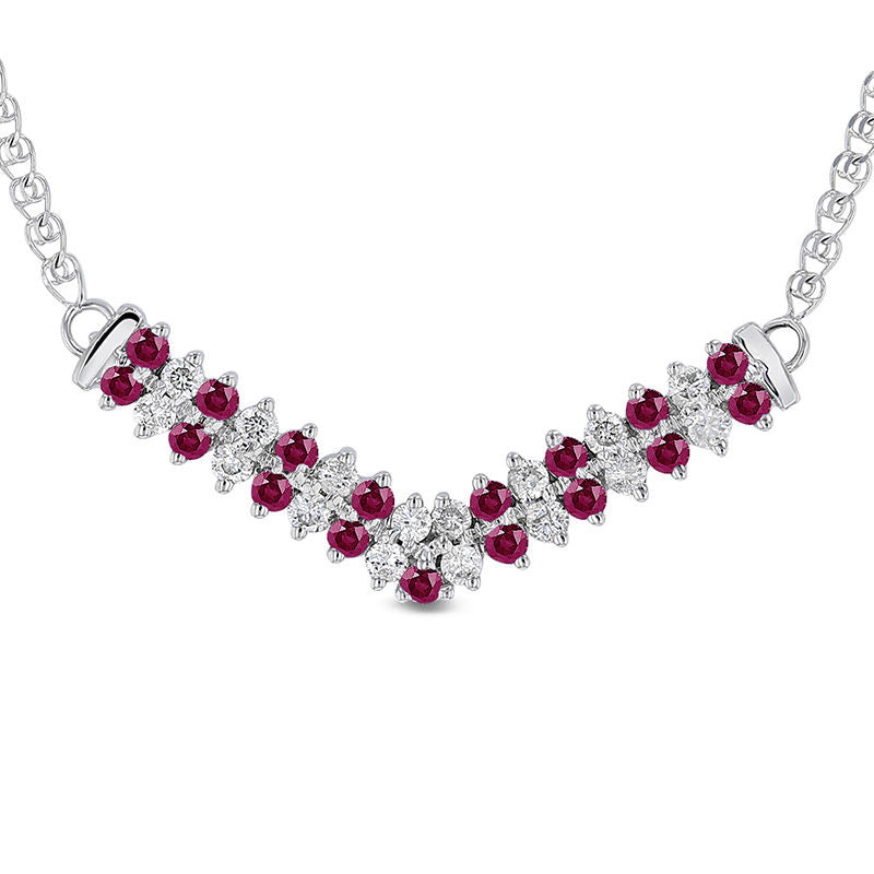 Alternating Ruby and 0.33 CT. T.W. Natural Diamond Double Row Chevron Necklace in 14K White Gold - 17.25