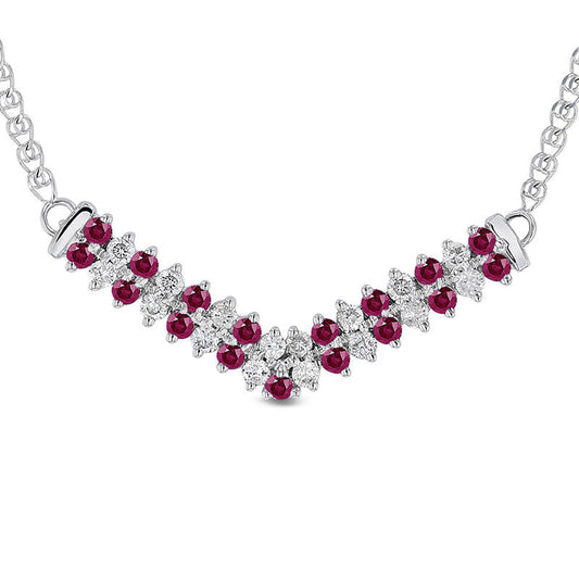 Alternating Ruby and 0.33 CT. T.W. Natural Diamond Double Row Chevron Necklace in 14K White Gold - 17.25