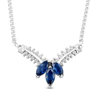 Marquise Blue Sapphire and 0.25 CT. T.W. Natural Diamond Three Stone Floral V" Necklace in 14K White Gold - 17.25""