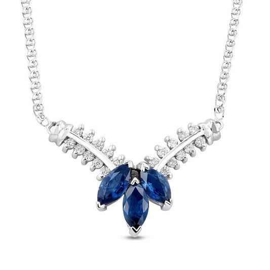 Marquise Blue Sapphire and 0.25 CT. T.W. Natural Diamond Three Stone Floral V" Necklace in 14K White Gold - 17.25""