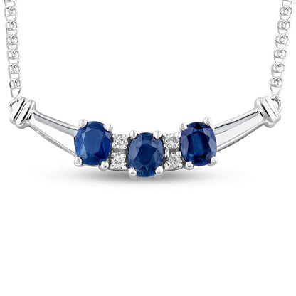 Oval Blue Sapphire and 0.07 CT. T.W. Natural Diamond Three Stone Curved Bar Necklace in 14K White Gold - 17.25