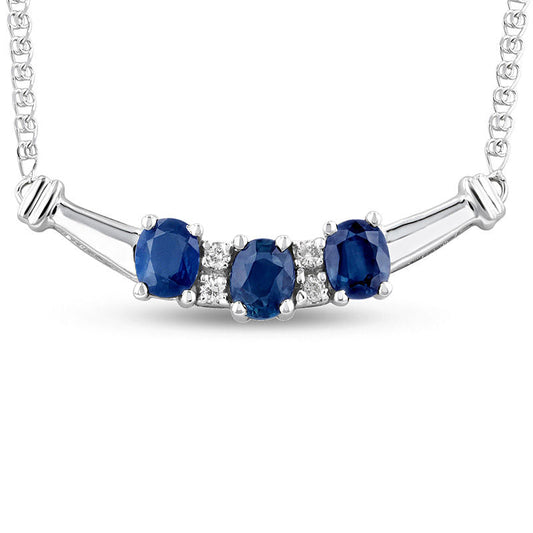 Oval Blue Sapphire and 0.07 CT. T.W. Natural Diamond Three Stone Curved Bar Necklace in 14K White Gold - 17.25