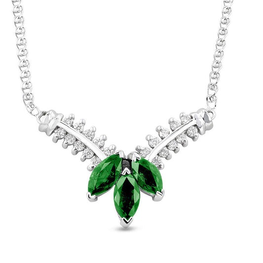 Marquise Emerald and 0.25 CT. T.W. Natural Diamond Three Stone Floral V" Necklace in 14K White Gold - 17.25""