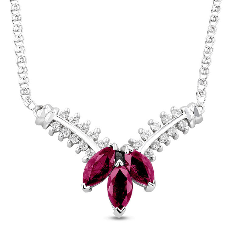 Marquise Ruby and 0.25 CT. T.W. Natural Diamond Three Stone Floral V" Necklace in 14K White Gold - 17.25""