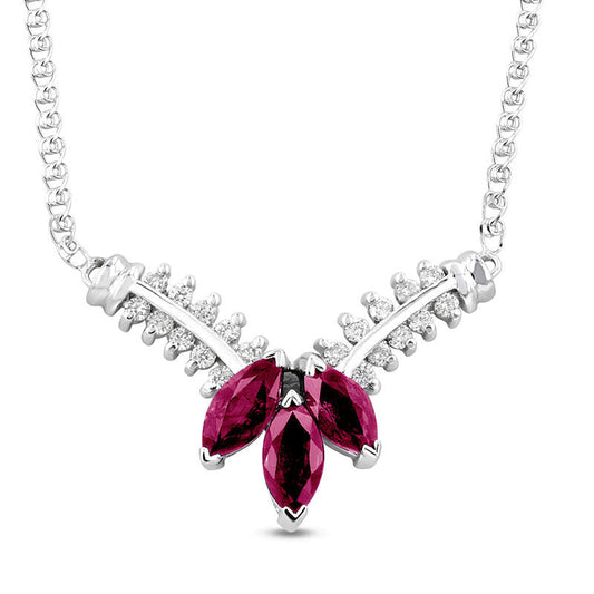Marquise Ruby and 0.25 CT. T.W. Natural Diamond Three Stone Floral V" Necklace in 14K White Gold - 17.25""