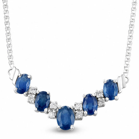 Alternating Oval Blue Sapphire and 0.2 CT. T.W. Natural Diamond Chevron Necklace in 14K White Gold - 17.33