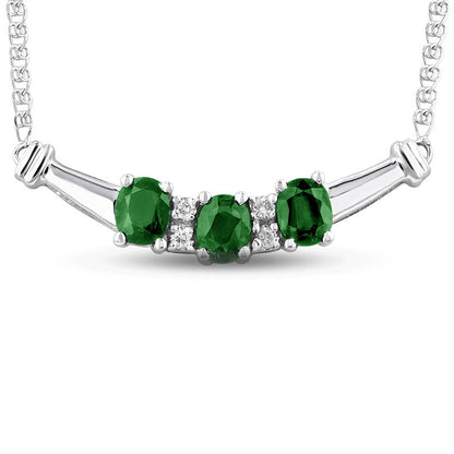 Oval Emerald and 0.07 CT. T.W. Natural Diamond Three Stone Curved Bar Necklace in 14K White Gold - 17.25