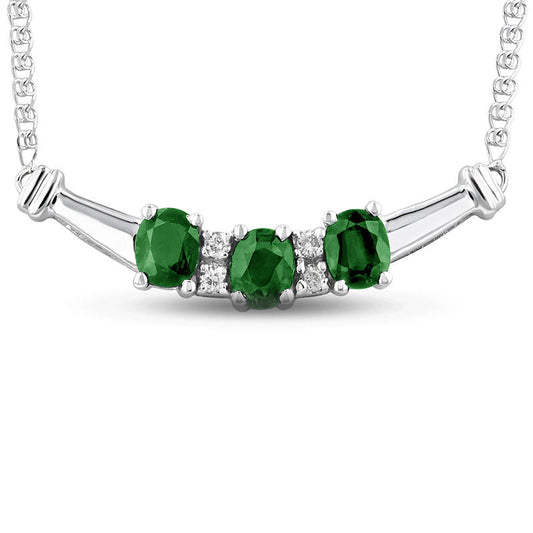 Oval Emerald and 0.07 CT. T.W. Natural Diamond Three Stone Curved Bar Necklace in 14K White Gold - 17.25