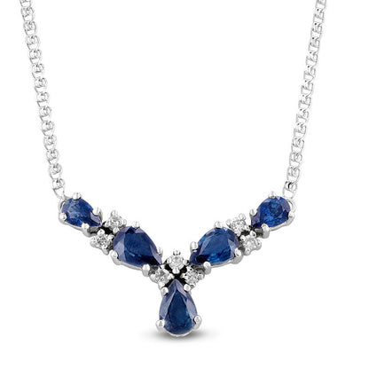 Pear-Shaped Blue Sapphire and 0.13 CT. T.W. Natural Diamond Five Stone V" Necklace in 14K White Gold - 17.125""