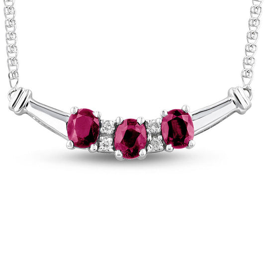 Oval Ruby and 0.07 CT. T.W. Natural Diamond Three Stone Curved Bar Necklace in 14K White Gold - 17.25
