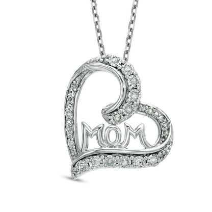 0.1 CT. T.W. Natural Diamond Tilted Heart with MOM" Pendant in Sterling Silver"