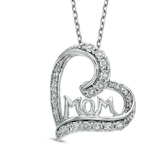 0.1 CT. T.W. Natural Diamond Tilted Heart with MOM" Pendant in Sterling Silver"