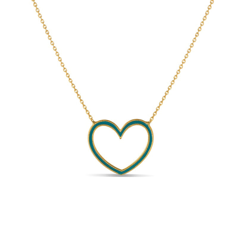 Blue Enamel Heart Outline Necklace in 14K Gold