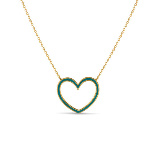 Blue Enamel Heart Outline Necklace in 14K Gold