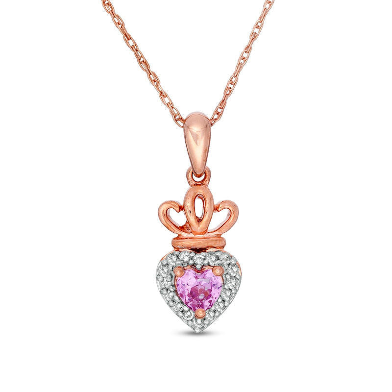Lab-Created Pink and White Sapphire Frame Heart with Crown Pendant in 10K Rose Gold