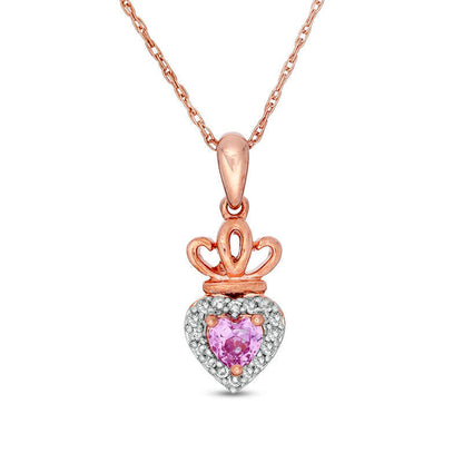 Lab-Created Pink and White Sapphire Frame Heart with Crown Pendant in 10K Rose Gold