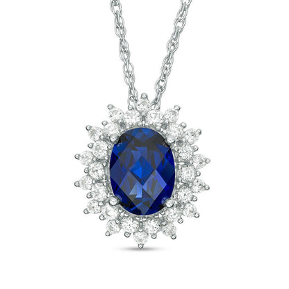 Oval Lab-Created Blue and White Sapphire Sunburst Frame Pendant in Sterling Silver