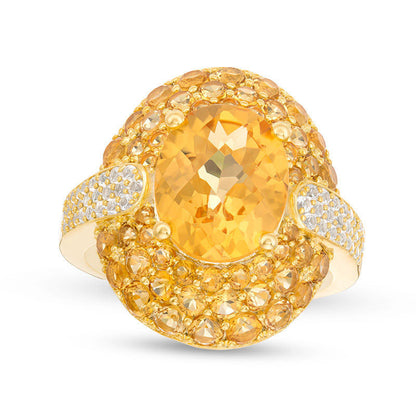 Oval Citrine and Lab-Created White Sapphire Frame Arrow-Sides Ring in Sterling Silver with Solid 14K Gold Plate