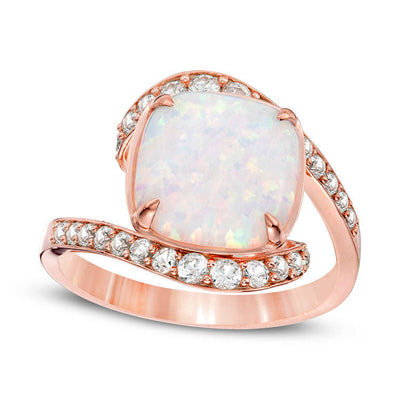 10.0mm Cushion-Cut Lab-Created Opal and 0.38 CT. T.W. Diamond Bypass Ring in Solid 10K Rose Gold