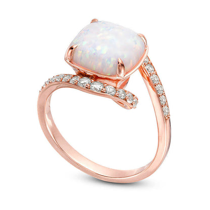 10.0mm Cushion-Cut Lab-Created Opal and 0.38 CT. T.W. Diamond Bypass Ring in Solid 10K Rose Gold