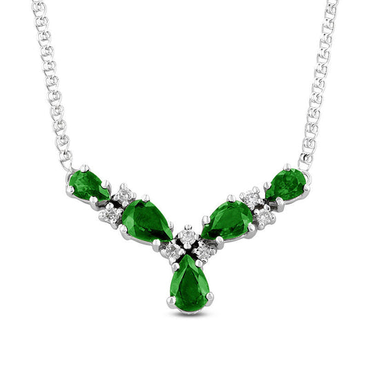 Pear-Shaped Emerald and 0.13 CT. T.W. Natural Diamond Five Stone V" Necklace in 14K White Gold - 17.125""