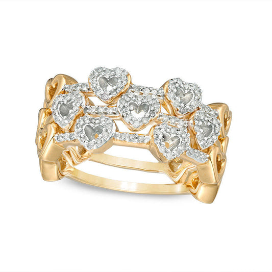 0.33 CT. T.W. Natural Diamond Heart Outline Three Piece Stackable Band Set in Sterling Silver with Solid 14K Gold Plate