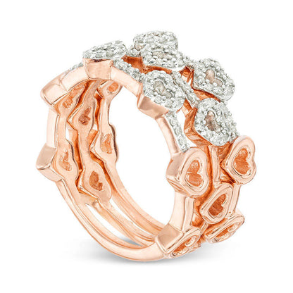 0.33 CT. T.W. Natural Diamond Heart Outline Three Piece Stackable Band Set in Sterling Silver with Solid 14K Rose Gold Plate