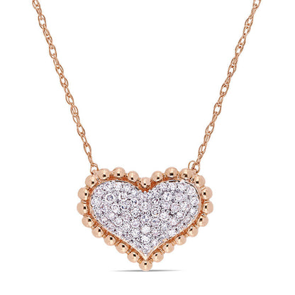 0.25 CT. T.W. Natural Diamond Beaded Frame Heart Necklace in 10K Rose Gold - 17