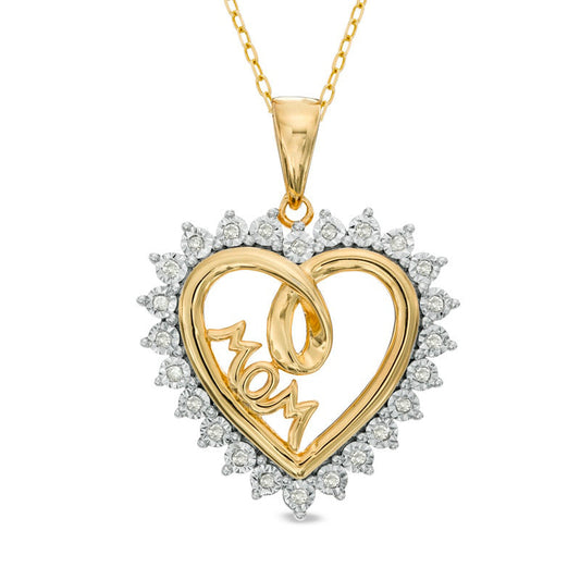 0.1 CT. T.W. Natural Diamond Shadow Heart with MOM" Pendant in Sterling Silver and 14K Gold Plate"
