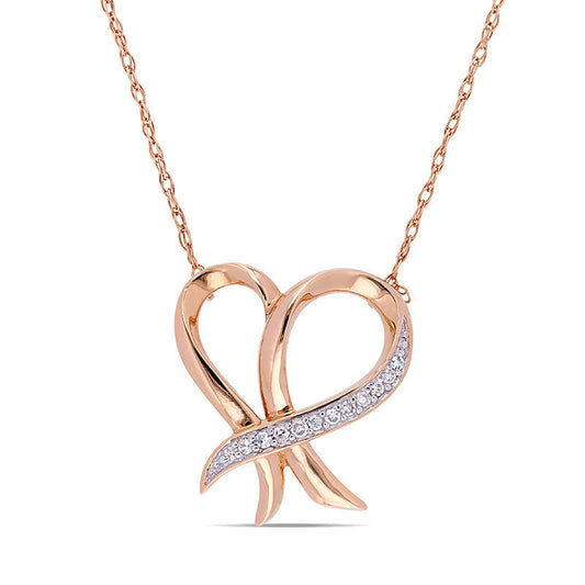 0.05 CT. T.W. Natural Diamond Outline Ribbon Heart Necklace in 10K Rose Gold - 17