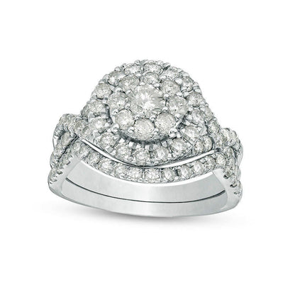 1.75 CT. T.W. Natural Diamond Double Frame Twist Bridal Engagement Ring Set in Solid 10K White Gold