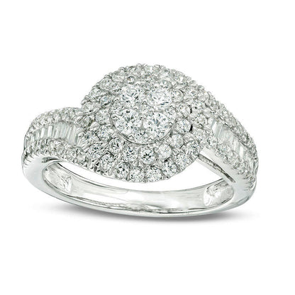 1.0 CT. T.W. Baguette and Round Composite Natural Diamond Bypass Engagement Ring in Solid 10K White Gold