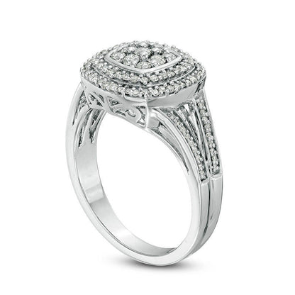0.50 CT. T.W. Composite Natural Diamond Double Cushion Frame Split Shank Engagement Ring in Sterling Silver