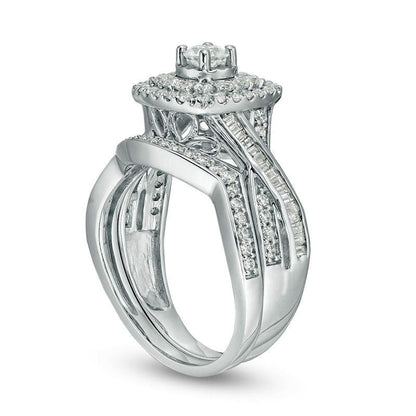 1.0 CT. T.W. Natural Diamond Double Cushion Frame Bridal Engagement Ring Set in Solid 10K White Gold