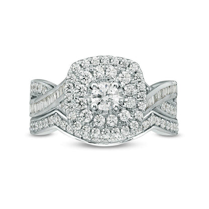 1.0 CT. T.W. Natural Diamond Double Cushion Frame Bridal Engagement Ring Set in Solid 10K White Gold