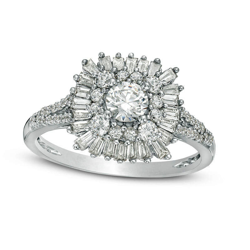 1.0 CT. T.W. Natural Diamond Double Cushion Sunburst Frame Engagement Ring in Solid 14K White Gold