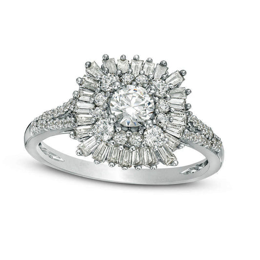 1.0 CT. T.W. Natural Diamond Double Cushion Sunburst Frame Engagement Ring in Solid 14K White Gold
