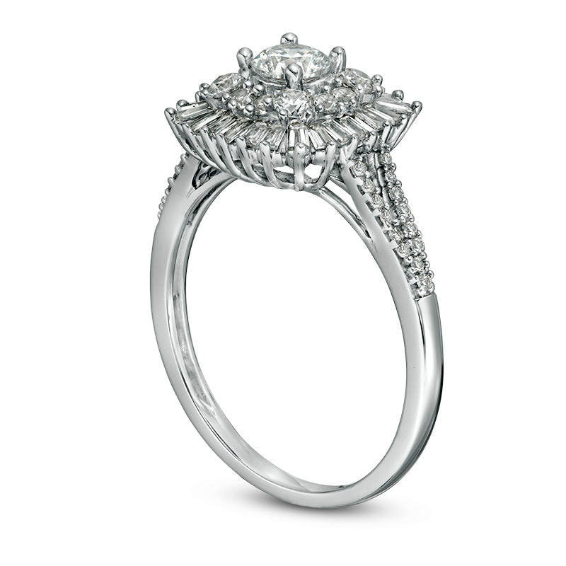 1.0 CT. T.W. Natural Diamond Double Cushion Sunburst Frame Engagement Ring in Solid 14K White Gold