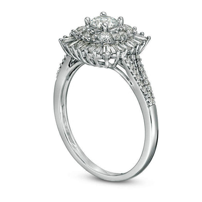 1.0 CT. T.W. Natural Diamond Double Cushion Sunburst Frame Engagement Ring in Solid 14K White Gold