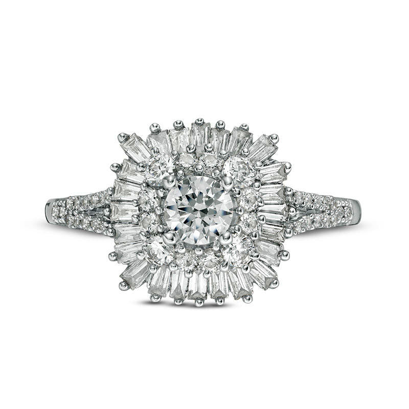1.0 CT. T.W. Natural Diamond Double Cushion Sunburst Frame Engagement Ring in Solid 14K White Gold