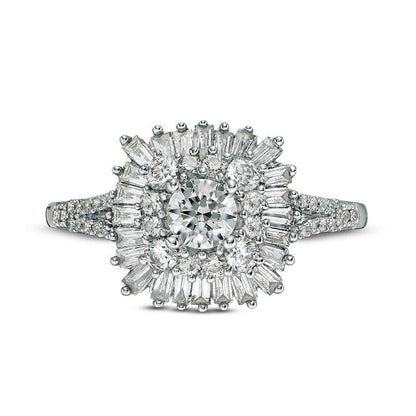 1.0 CT. T.W. Natural Diamond Double Cushion Sunburst Frame Engagement Ring in Solid 14K White Gold