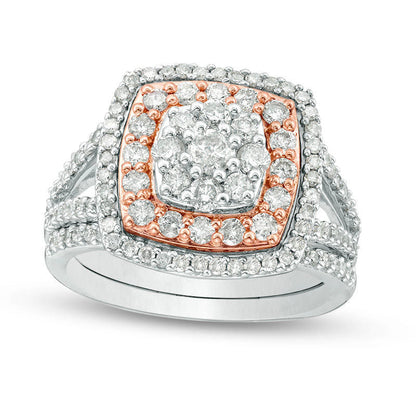 1.25 CT. T.W. Composite Natural Diamond Double Cushion Frame Split Shank Bridal Engagement Ring Set in Solid 10K Two-Tone Gold