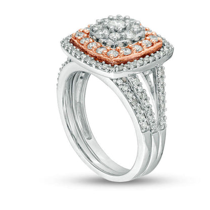 1.25 CT. T.W. Composite Natural Diamond Double Cushion Frame Split Shank Bridal Engagement Ring Set in Solid 10K Two-Tone Gold