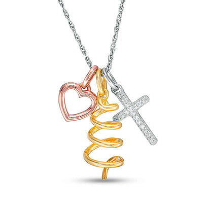Natural Diamond Accent Cross, Tree and Heart Outline Charms Pendant in Sterling Silver and 14K Two-Tone Gold Plate
