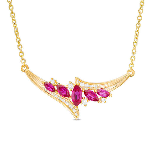 Marquise Lab-Created Ruby and White Sapphire Five Stone Bypass Necklace in Sterling Silver with 14K Gold Plate - 15.75
