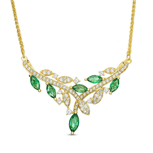Marquise Lab-Created Emerald and White Sapphire Vine V-Necklace in Sterling Silver with 14K Gold Plate - 15.75